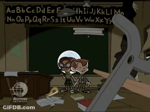 Cartoon Characters In Front Of Nicktoons Network Sign GIF