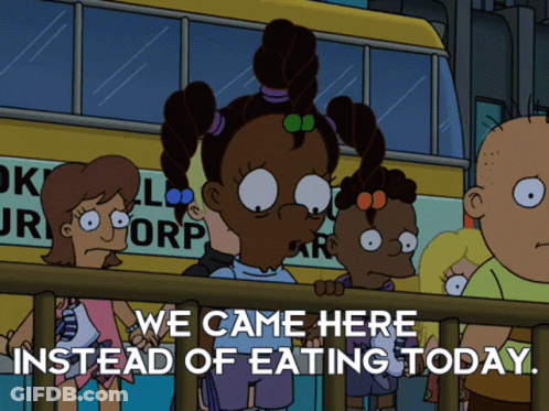 Cartoon Characters In Front Of School Bus Saying We Came Here Instead Of Eating Today GIF