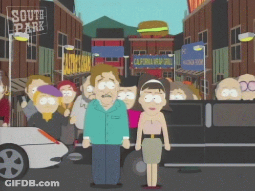 Cartoon Characters In Front Of South Park Sign GIF