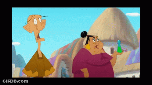Cartoon Characters In Front Of Thatched House GIF