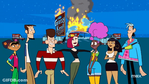 Cartoon Characters In Front Of The Grassy Knoll Sign GIF