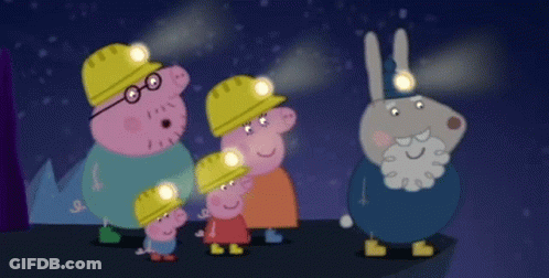 Cartoon Characters In Hard Hats With Flashlights GIF