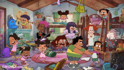 Cartoon Characters In Messy Room With I Love You Sign GIF