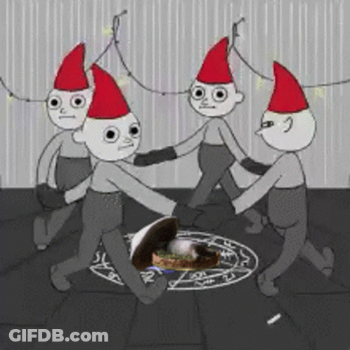 Cartoon Characters In Red Hats Dancing In Circle GIF