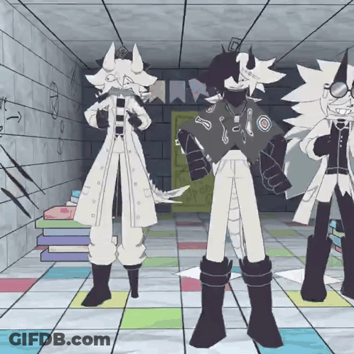 Cartoon Characters In Room With Books On Floor GIF