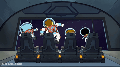 Cartoon Characters In Space Suits Flying GIF
