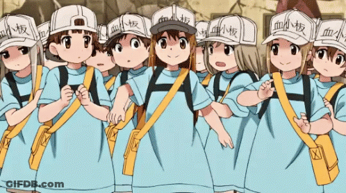 Cartoon Characters In White Hats With Chinese Writing GIF