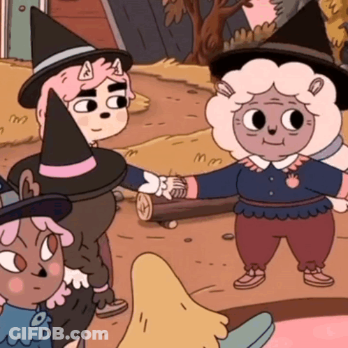 Cartoon Characters In Witch And Sheep Hats GIF