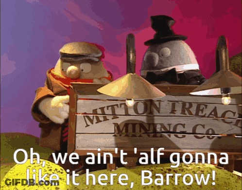 Cartoon Characters Next To Mitton Treace Mining Sign GIF