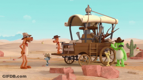 Cartoon Characters Next To Wagon In Desert GIF