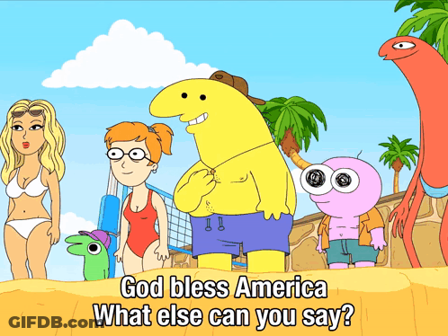 Cartoon Characters On Beach Saying God Bless America GIF