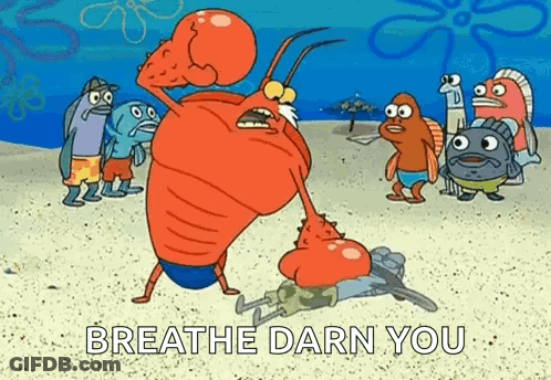 Cartoon Characters On Beach With Lobster Holding SpongeBob GIF
