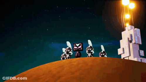 Cartoon Characters On Hill With Tower GIF