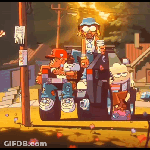 Cartoon Characters On Jeep With Big 3 Sign GIF