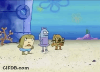 Cartoon Characters On Sandy Beach With SpongeBob House GIF