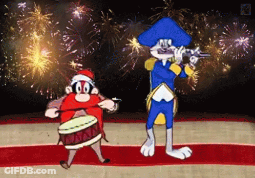 Cartoon Characters Playing Drum And Flute Near Fireworks GIF
