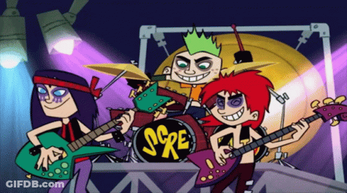 Cartoon Characters Playing Guitars And Drum Set Saying Sre GIF