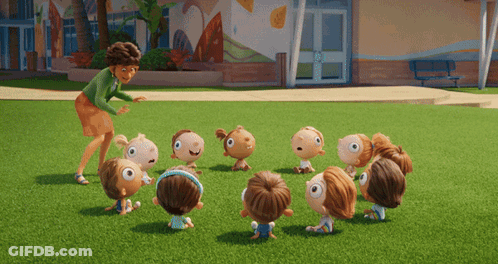 Cartoon Characters Playing In A Circle With Teacher GIF