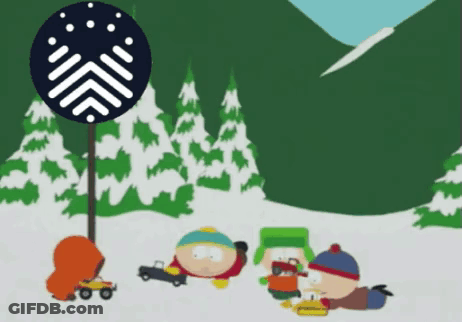 Cartoon Characters Playing In Snow With Arrow Sign GIF