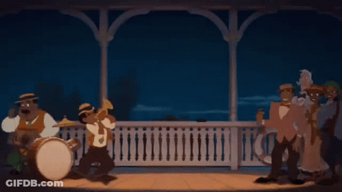 Cartoon Characters Playing Instruments On Balcony With Crocodile GIF