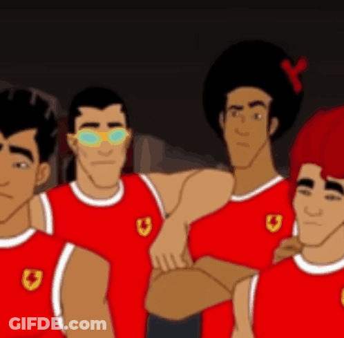 Cartoon Characters Posing, One With Y On Hair GIF