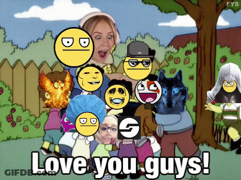 Cartoon Characters Posing Saying Love You Guys GIF