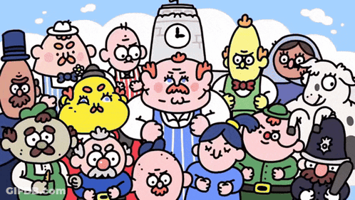 Cartoon Characters Posing With Clock On Head GIF