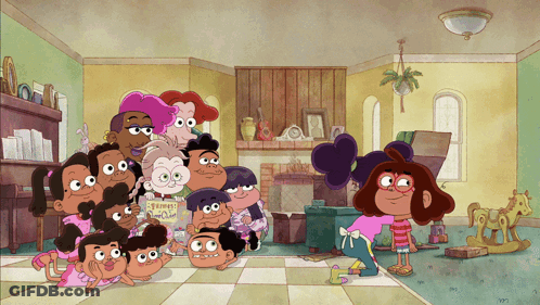 Cartoon Characters Posing With Squirrel Book GIF