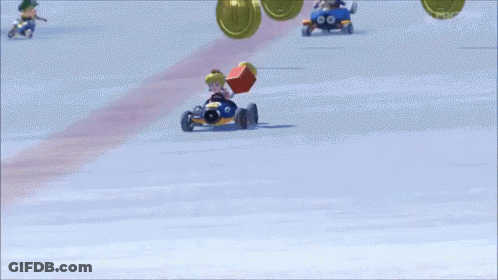 Cartoon Characters Racing Down Snowy Track With DK Sign GIF