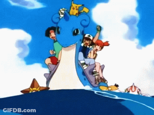Cartoon Characters Riding Blue Pokemon GIF