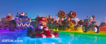 Cartoon Characters Riding Motorcycles On Rainbow Road GIF