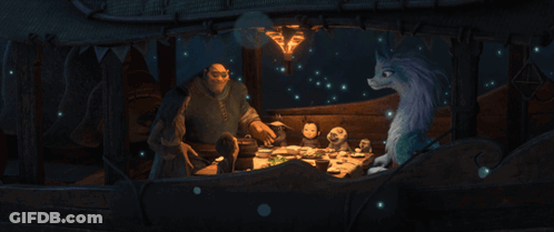 Cartoon Characters Sitting Around Table In Dark Room GIF