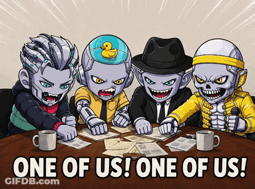 Cartoon Characters Sitting Around Table Saying One Of Us One Of Us GIF