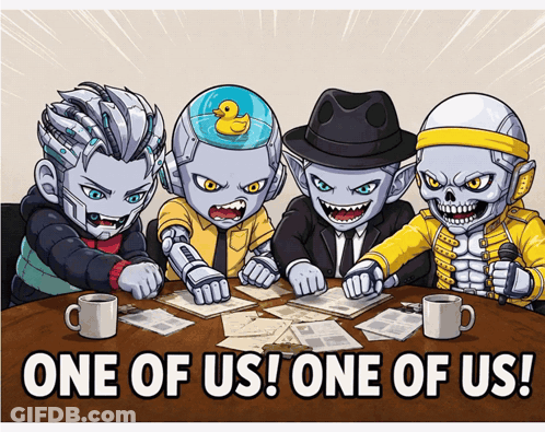 Cartoon Characters Sitting Around Table Saying One Of Us One Of Us GIF