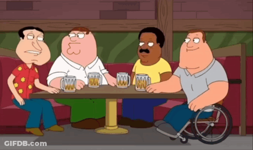 Cartoon Characters Sitting Around Table With Beer Mugs GIF