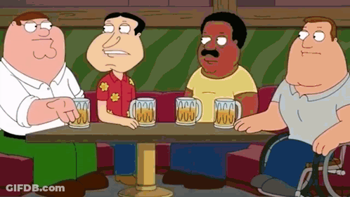 Cartoon Characters Sitting Around Table With Beer Mugs Saying CCCD GIF