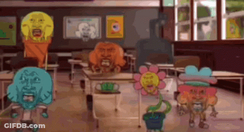 Cartoon Characters Sitting At Desks In Classroom GIF