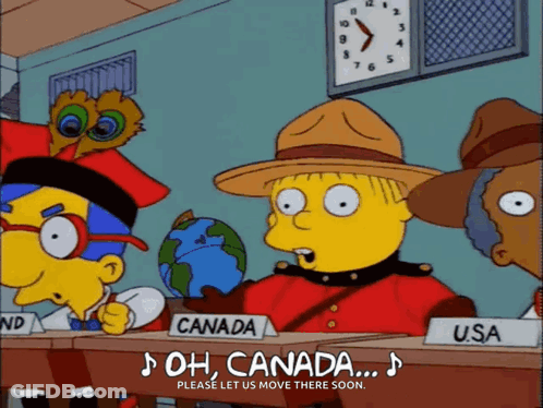 Cartoon Characters Sitting At Table Canada USA Signs GIF