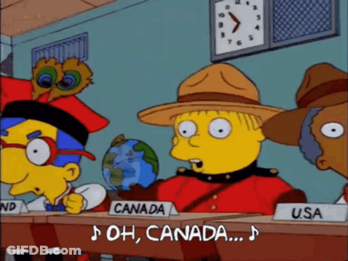 Cartoon Characters Sitting At Table With Canada Sign GIF