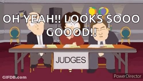 Cartoon Characters Sitting At Table With Judges Sign GIF