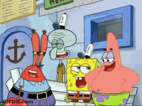 Cartoon Characters Sitting At Tables In Dark Room GIF