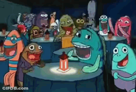 Cartoon Characters Sitting At Tables In Dark Room GIF