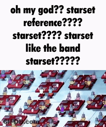 Cartoon Characters Sitting At Tables Oh My God Starset Reference GIF