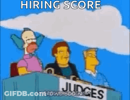 Cartoon Characters Sitting In Front Of Hiring Score Sign GIF