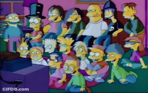 Cartoon Characters Sitting In Front Of TV With Snu GIF