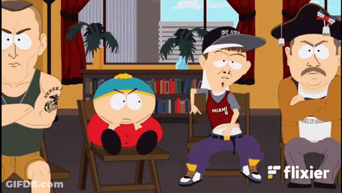 Cartoon Characters Sitting In Room With Flixier GIF