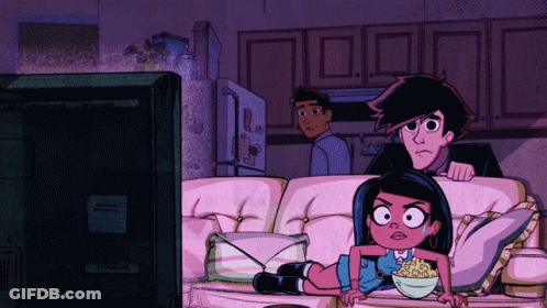 Cartoon Characters Sitting On Couch With Popcorn GIF