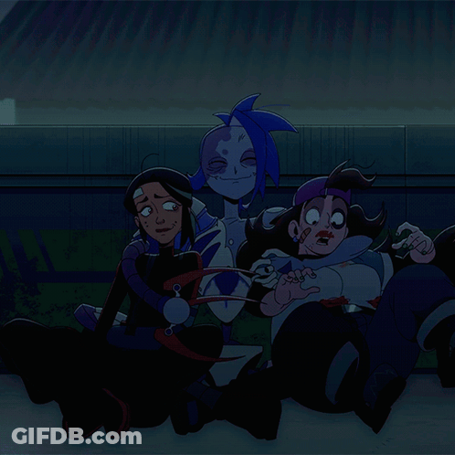 Cartoon Characters Sitting On Ground One With Purple Hair GIF