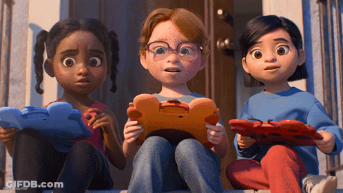Cartoon Characters Sitting On Porch Looking At Tablet GIF