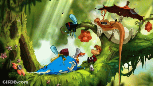 Cartoon Characters Sitting On Tree Branch With Blue Bird GIF